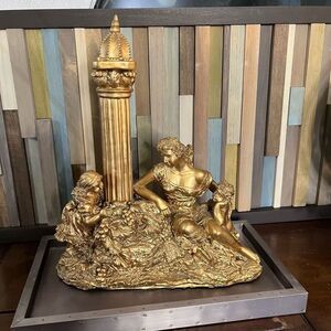 Hide and seek, gold gilded vintage statue woman and children w grapes and pillar